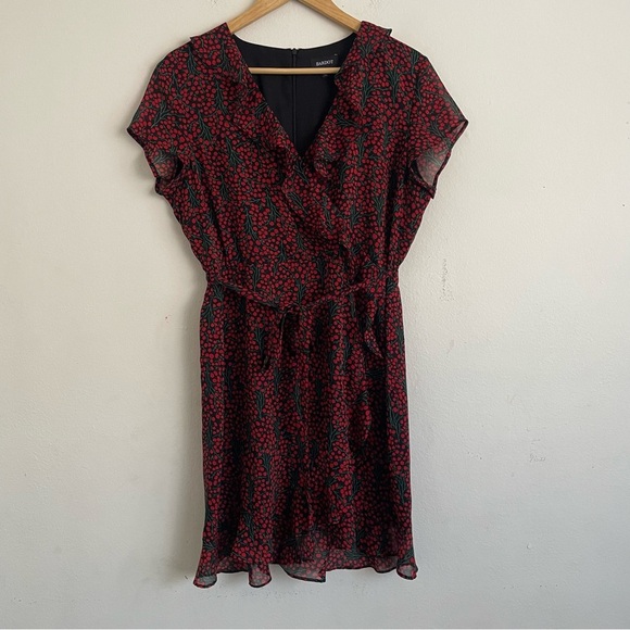 Bardot Faux Wrap Mini Dress Floral Cherry Red & Black, Size XL - Picture 2 of 7